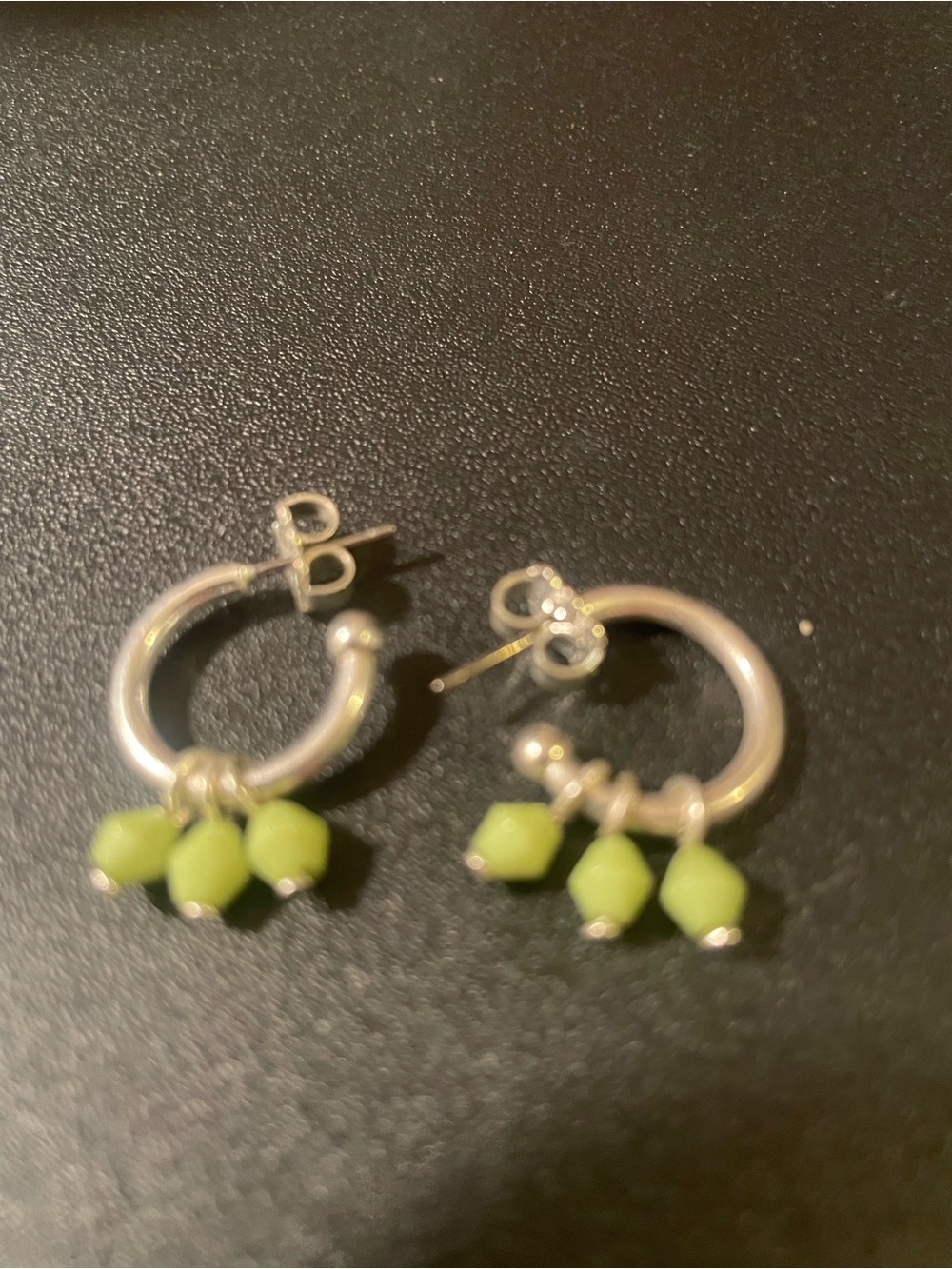 Silver Hoop Earrings with Lime Green Bead Charms - Women Jewelry